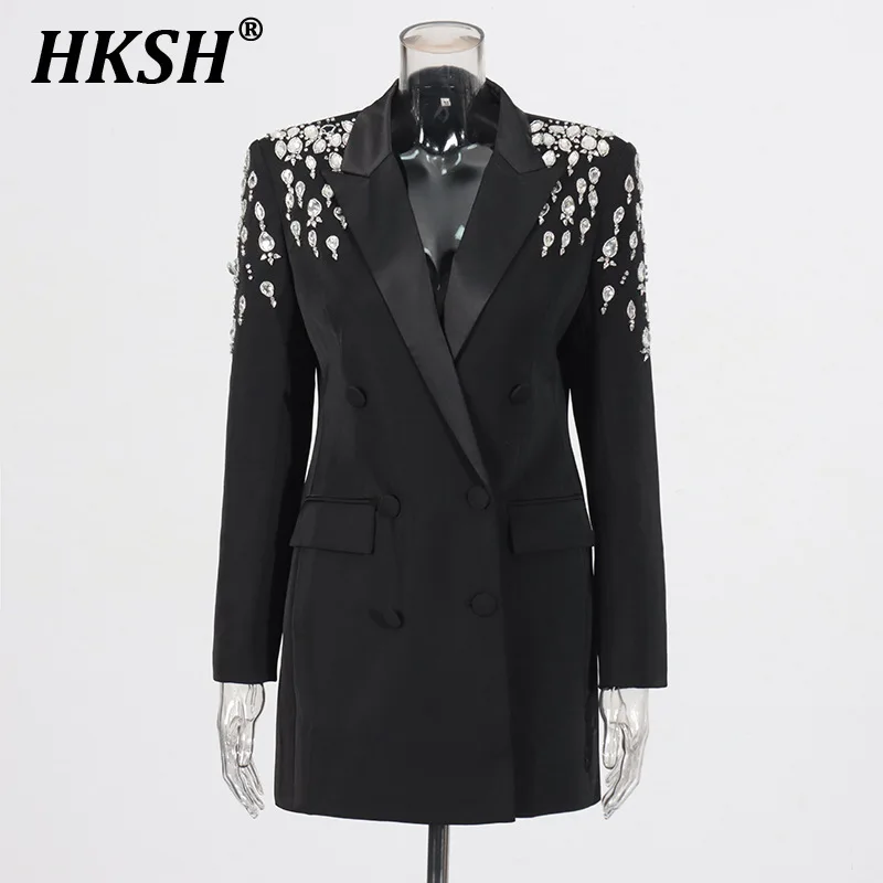 HKSH 2025 Autumn Winter New Women Y2K V-neck High-end Jackets Heavy Nail Bead Inlaid Diamond Coats Slim Niche Chic Blazer HK3764