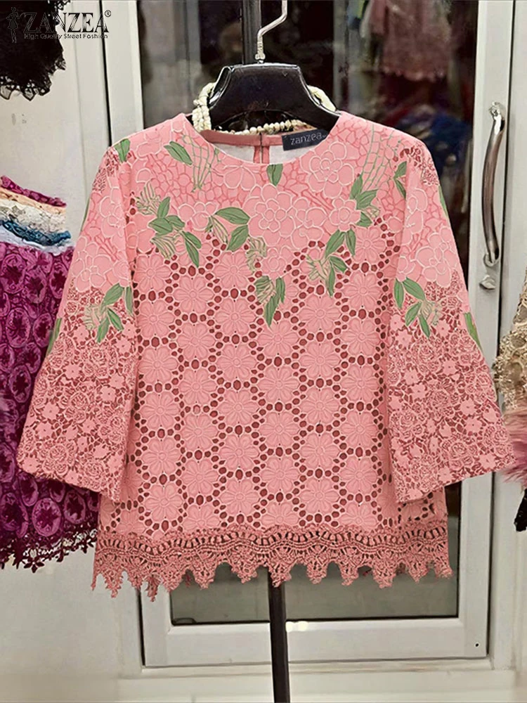 ZANZEA mode Vintage femmes Blouses 3/4 manches imprimé fleuri hauts 2025 automne col rond HolidayShirts décontracté femme Blusas vêtements