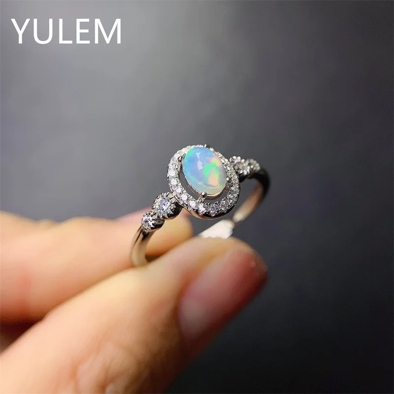 

YULEM Fashion Silver Natural Double Opal Ring for Office Lady 4mm*6mm Opal Silver Ring 925 Silver Opal Jewelry