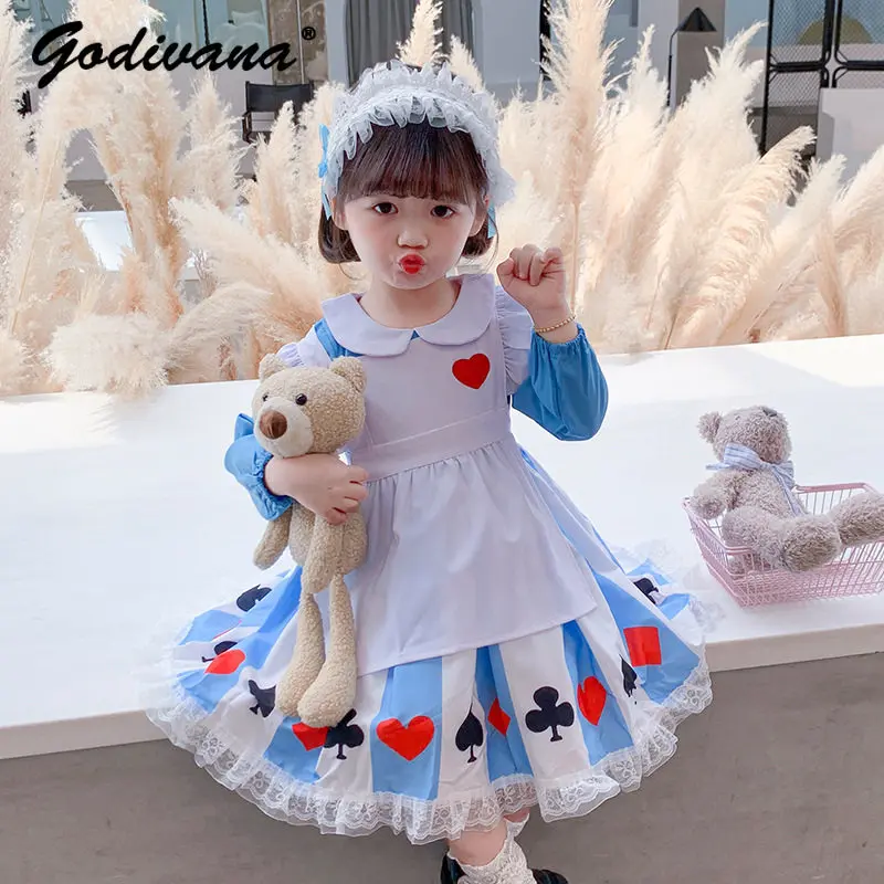 Sweet Baby Girls Spring and Autumn Lolita Princess Dress Kids Cosplay Costume Long Sleeve Doll Collar Lace Mesh Patchwork Gown