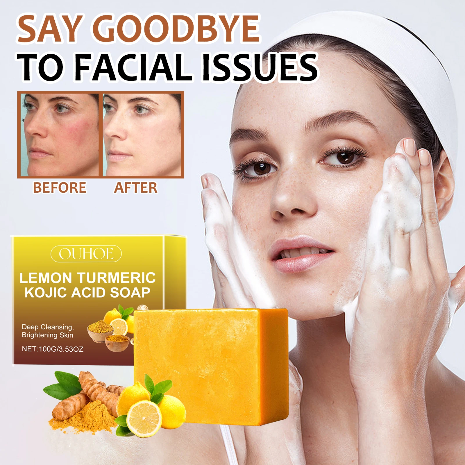 OUHOE100g Lemon Turmeric Koji Soap for Face Bath Deep Cleansing Skin Brightening Whitening Exfoliating Moisturizing Bath Soap
