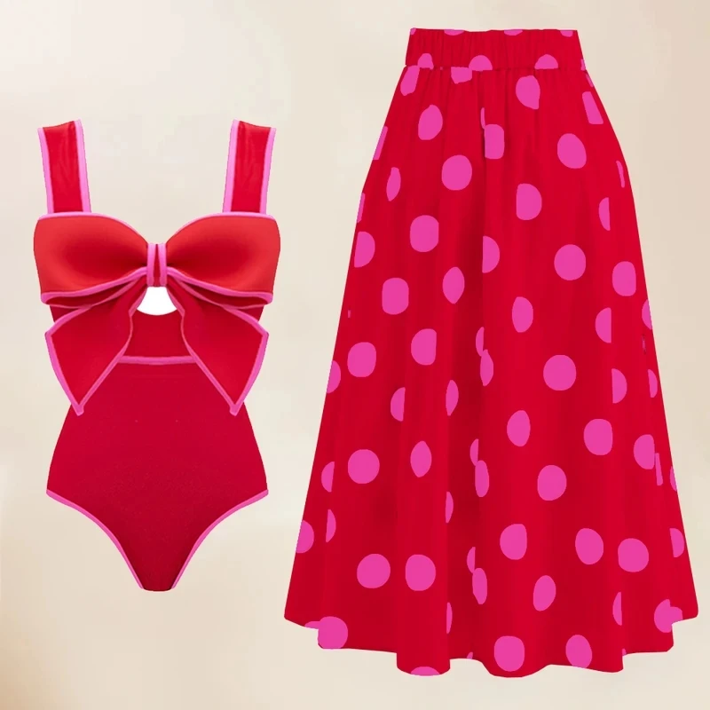 2024 Red Retro One Piece Swimsuit Women Bow Tie Swimwear with Skirt Sexy Bathing Suit Monokini Beach Bodysuit Beach Wear