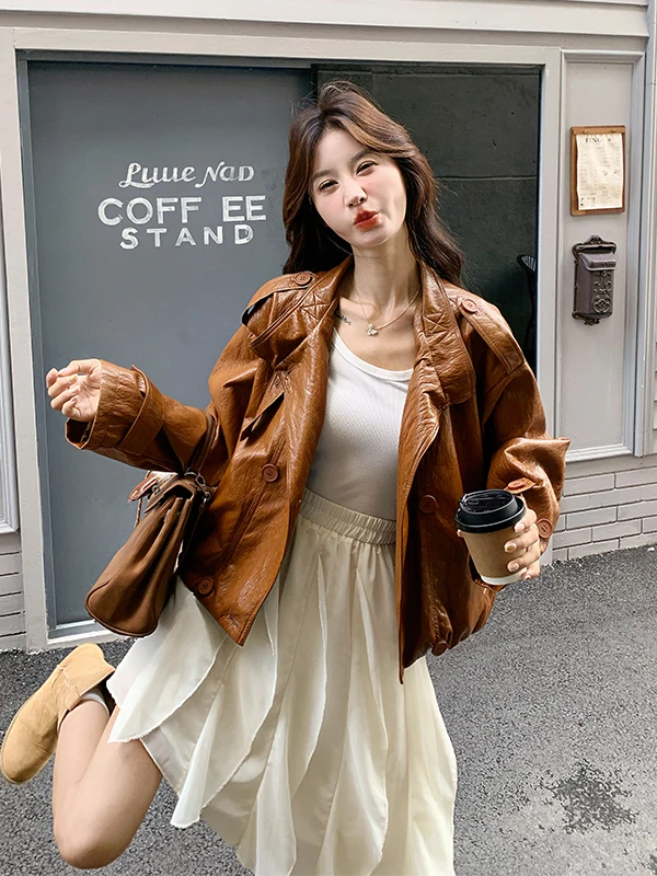 レトロブラウンPUレザージャケット レディース ショートスリーブ 春秋 2025新作 人気 おしゃれ レザーコート カジュアル ルーズフィット