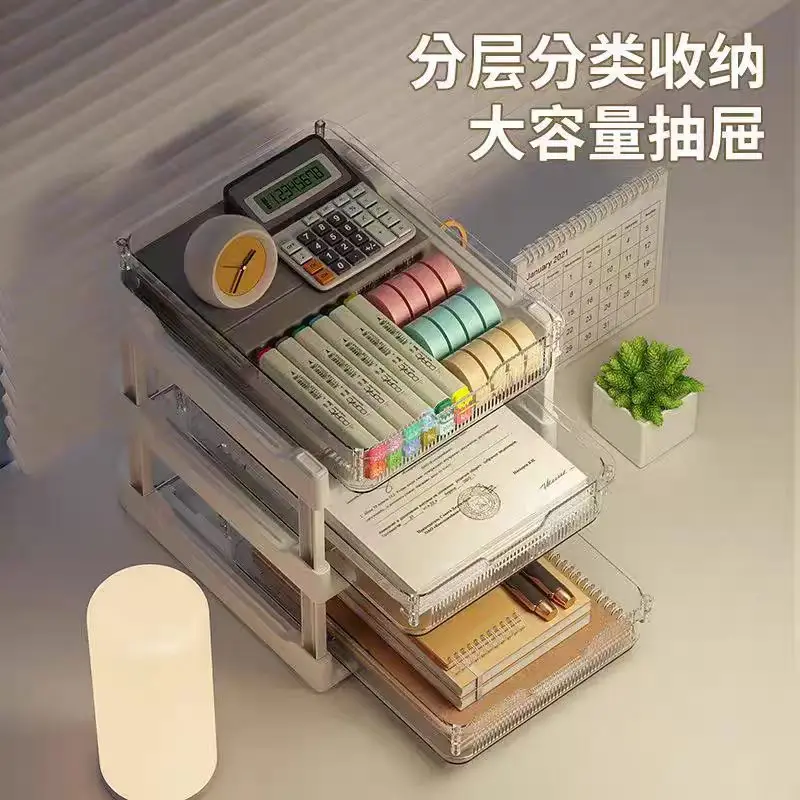 PET Plastic 4 Tier Drawer Storage Rack Desktop File Organizer with Wheels for Office Home Study Books and Stationery
