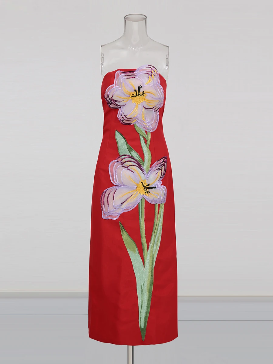 CHICEVER Orange Spliced 3D Flower Dress Female Strapless Sleeveless Slimming Temperament Women's Long Dresses Fashion Summer New