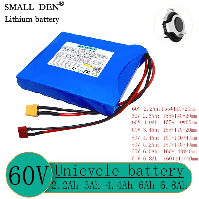 60V 2.2ah 2.6ah 3ah 3.4ah 4.4ah 5.2ah 6ah 6.8ah Lithium Pack with BMS for 60v Self-Balancing Electric Unicycles Replacement Kit