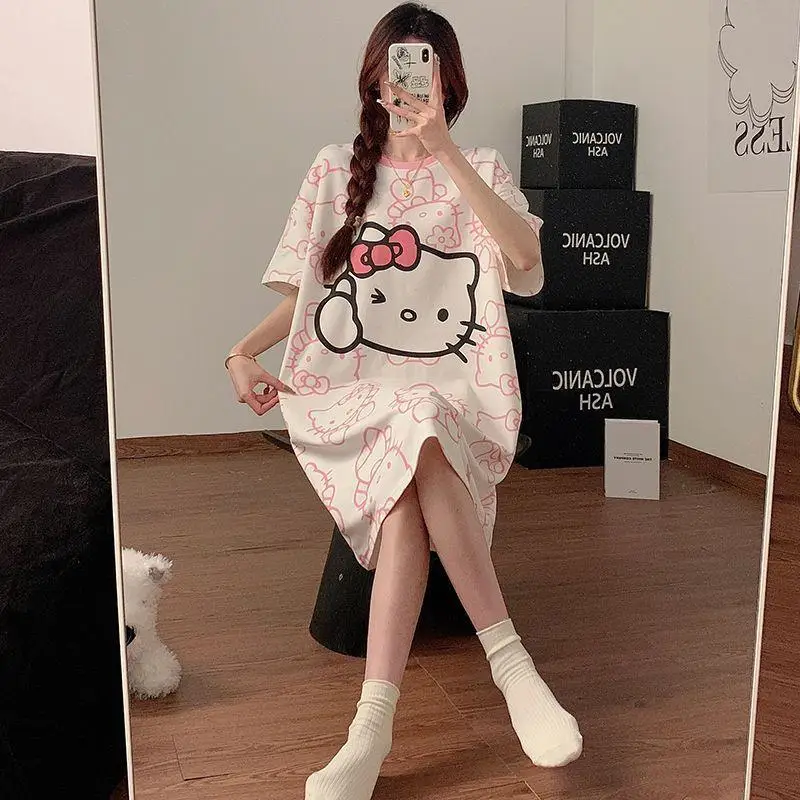 

Sanrios Pajamas Hello Kittys Cartoon Nightgown Sweet Loose Fashion Comfortable Home Clothes Breathable Gift for Girlfriend Hot