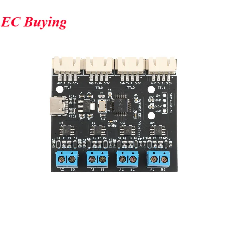 USB to 4 8-way RS485 Serial Port Type-C to 4 8-way 485 Multi-channel UART TTL CH348 HUB RS485 Module Expansion Board YR-6028
