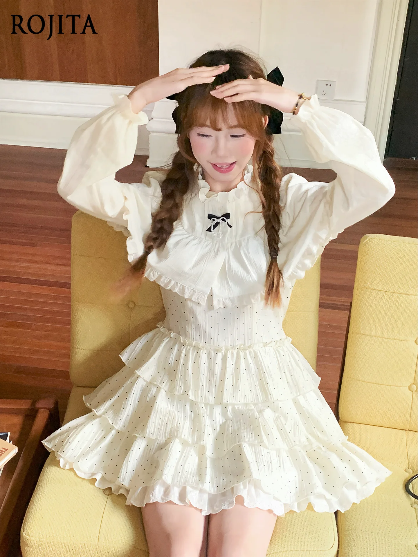 

Y2K Kawaii Lolita 2 Piece Set Women Black Bow Dress + Cape Spring Set 2026 New Polka Dot White Tiered Ruffle Outfit Cape Set