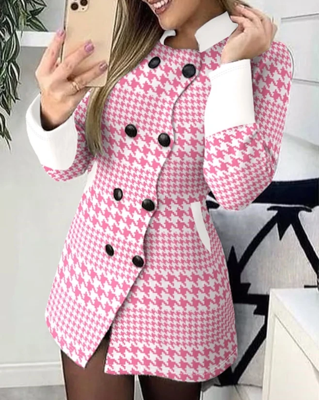 Women\'s Contrast Paneled Houndstooth Print Pocket Design Coat Autumn Fashion Double Breasted Stand Collar Long Sleeve Long Coat