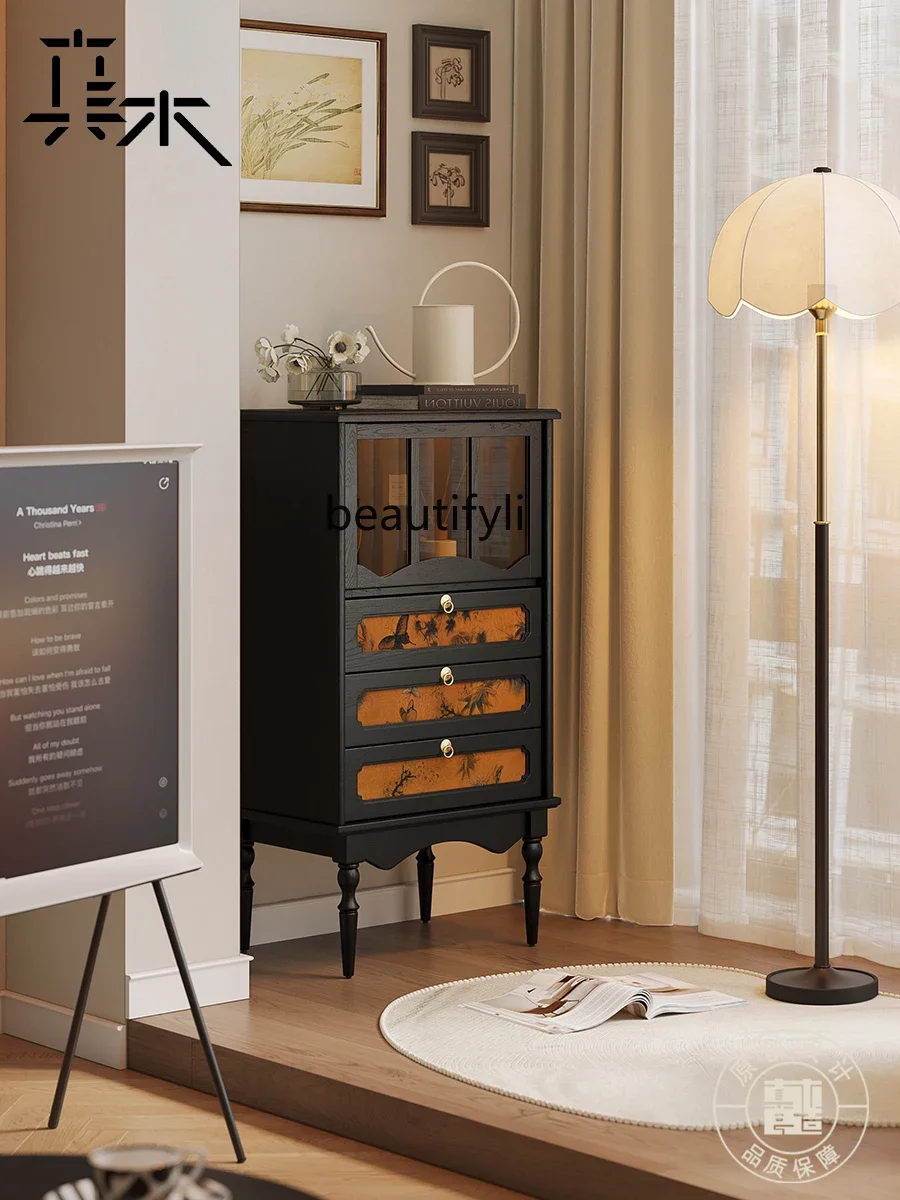 French Retro Style Solid Wood Chest of Drawers Original Multi-Scene Flip Door Glass Side Cabinet