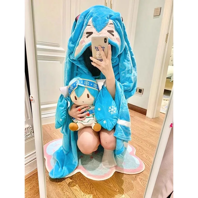 Hatsune Miku Cartoon Kawaii Multifunctional Car Warm Hooded Shawl Nap Blanket Air Conditioning Blanket Cute Soft Warm Cloak Gift