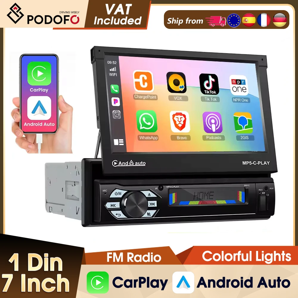 Podofo 7'' Carplay Lettore multimediale elettrico retrattile per auto Android Auto Car Aduio Ricevitore FM 1DIN Autoradio TF/USB