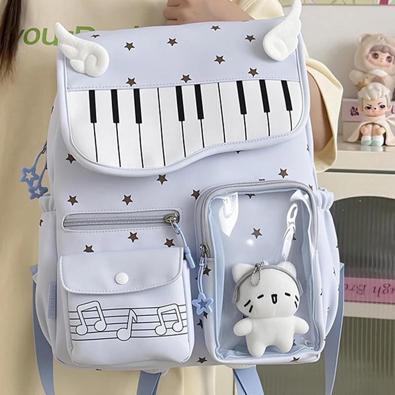 かわいい小さな翼の装飾ピアノキーパターンバックパックファッションマルチポケットショルダーバッグロリータスタイル透明ポケットイタバッグ