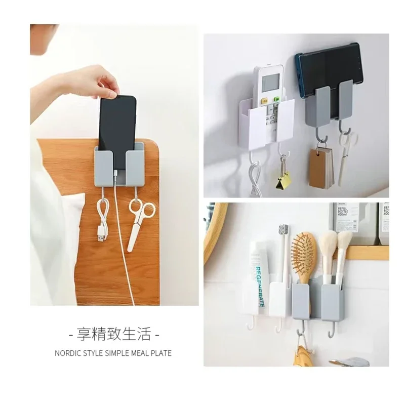 1PC Storage Box Holder Wall Mounted Storage Bracket Remote Organizer Hole Free Mobile Phone Storage Rack With 2 Hooks
