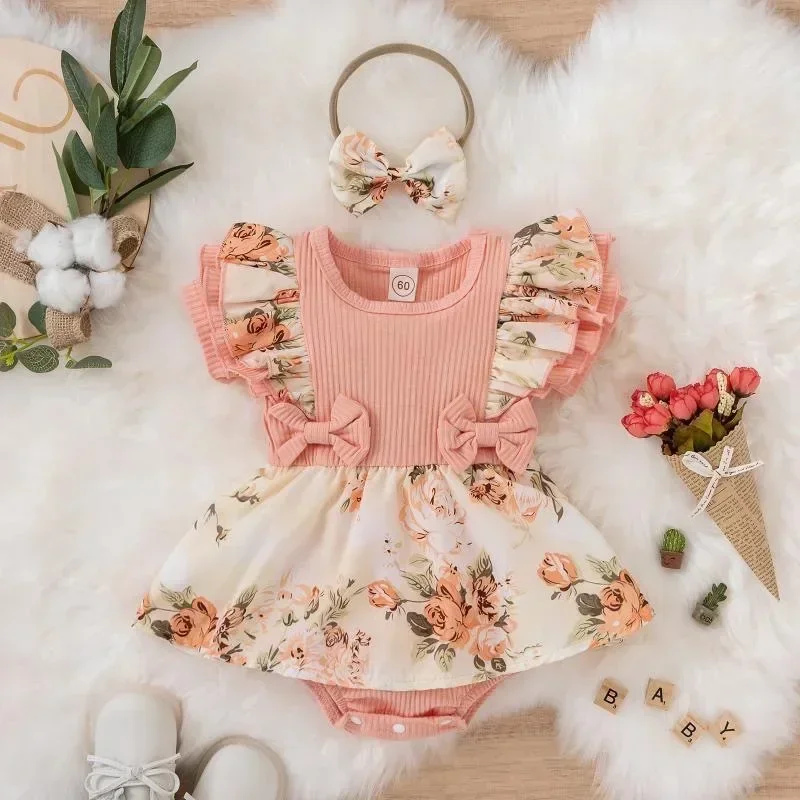 Baby Flower Romper Dress with Headbands Newborn Girl Baby Clothes Baby Girl Outfit Set for Summer,0-18 Months,80% Cotton