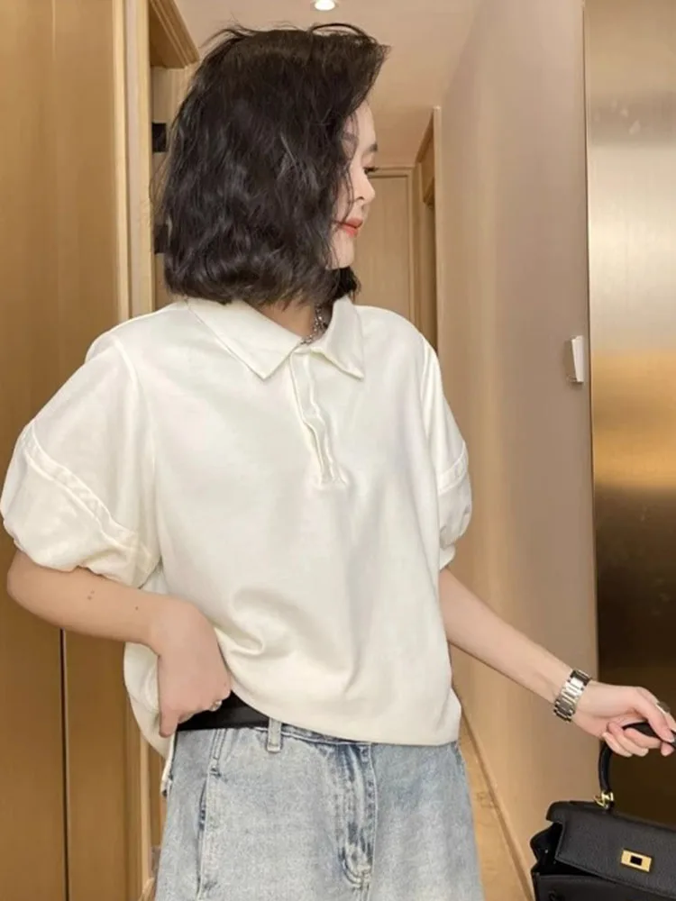 

Ele Pure Color Ne Bubble Sve Top Simple Sle Commute Casual Korean Faion T-irt Comfortable Loose Fit Summer