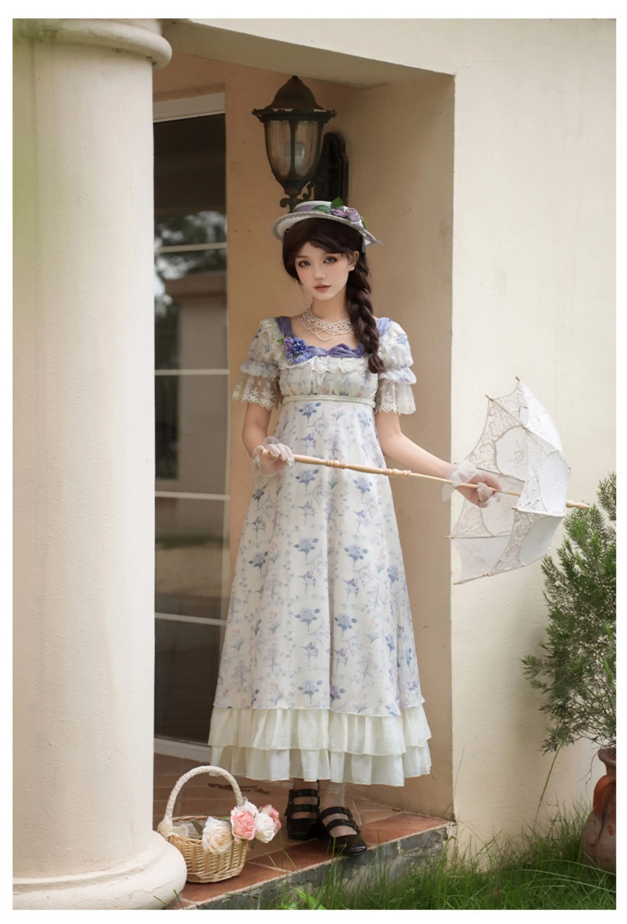 Robe de princesse Lolita en dentelle violette, élégante, Vintage, col carré, à volants, douce, taille haute, ligne a, imprimé féerique, été