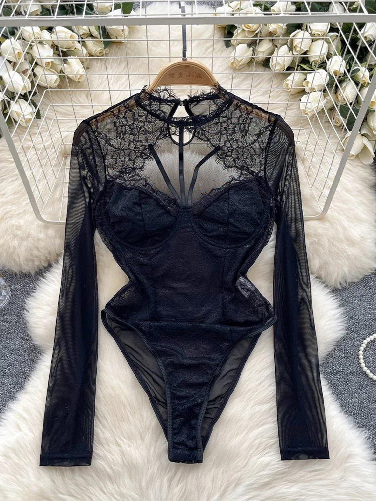 

Women Black Gothic Skinny Lace Jumpsuits Aesthetic Y2k Vintage Overalls Long Sleeves Rompers Jumpsuit Emo Coquette Clothes 2025