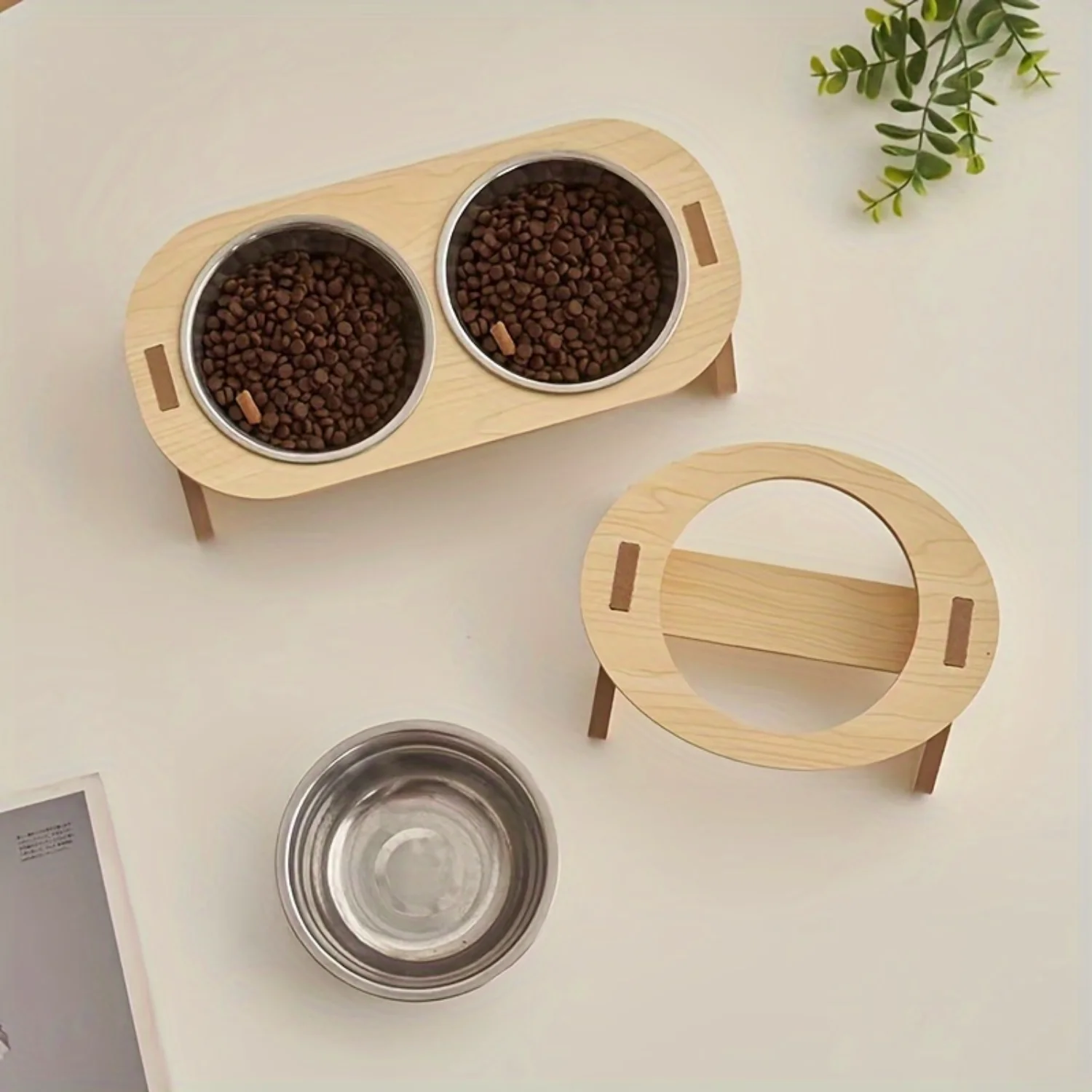 Dog Inclined Food Bowl Water Bowl With Wooden Stand For Cervical Spine Protection, Detachable Stainless Steel Pet Feeding Basin