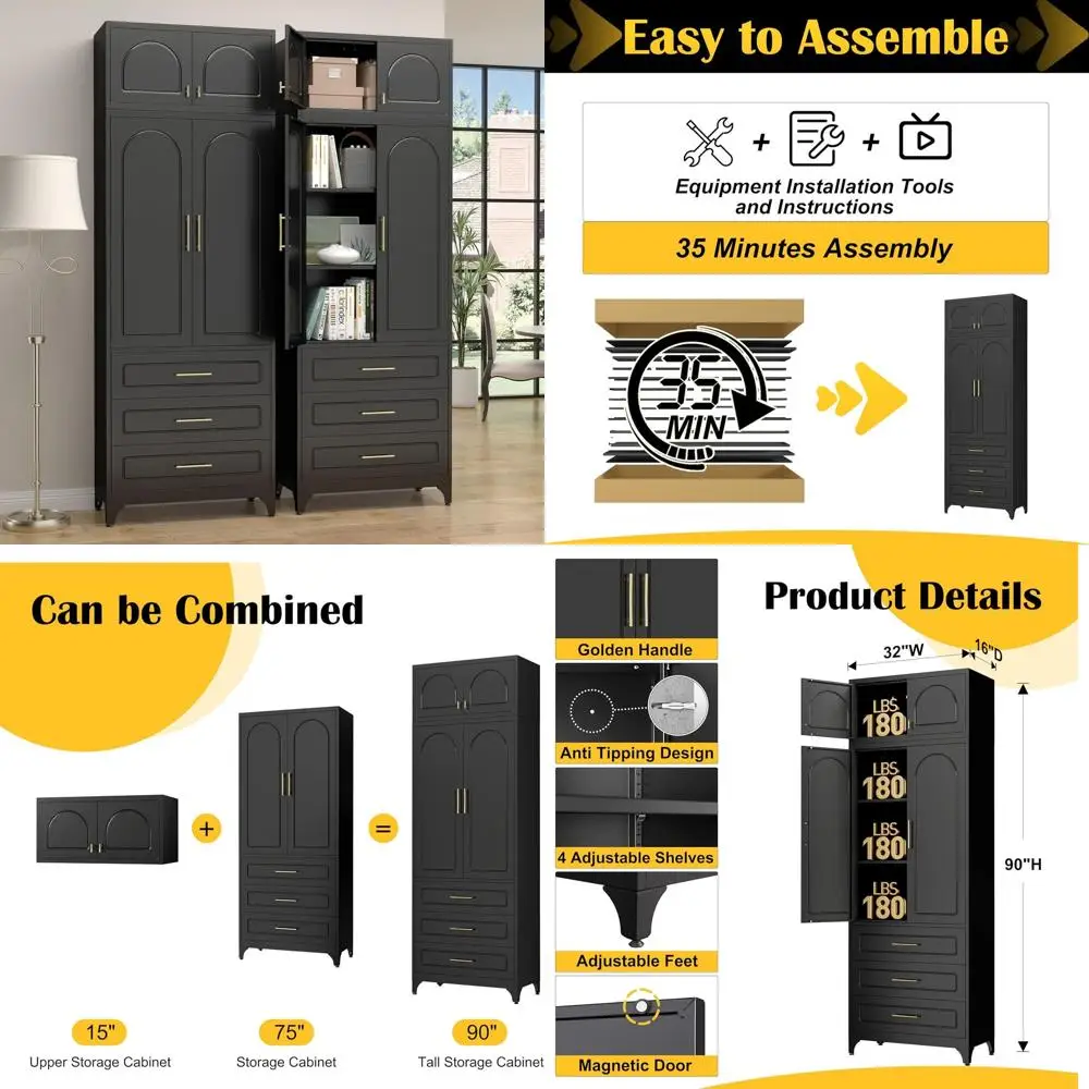 

90 Tall Storage Cabinet with Doors & Shelves, Metal Pantry for Kitchen, Pantry, Living Room, Bathroom