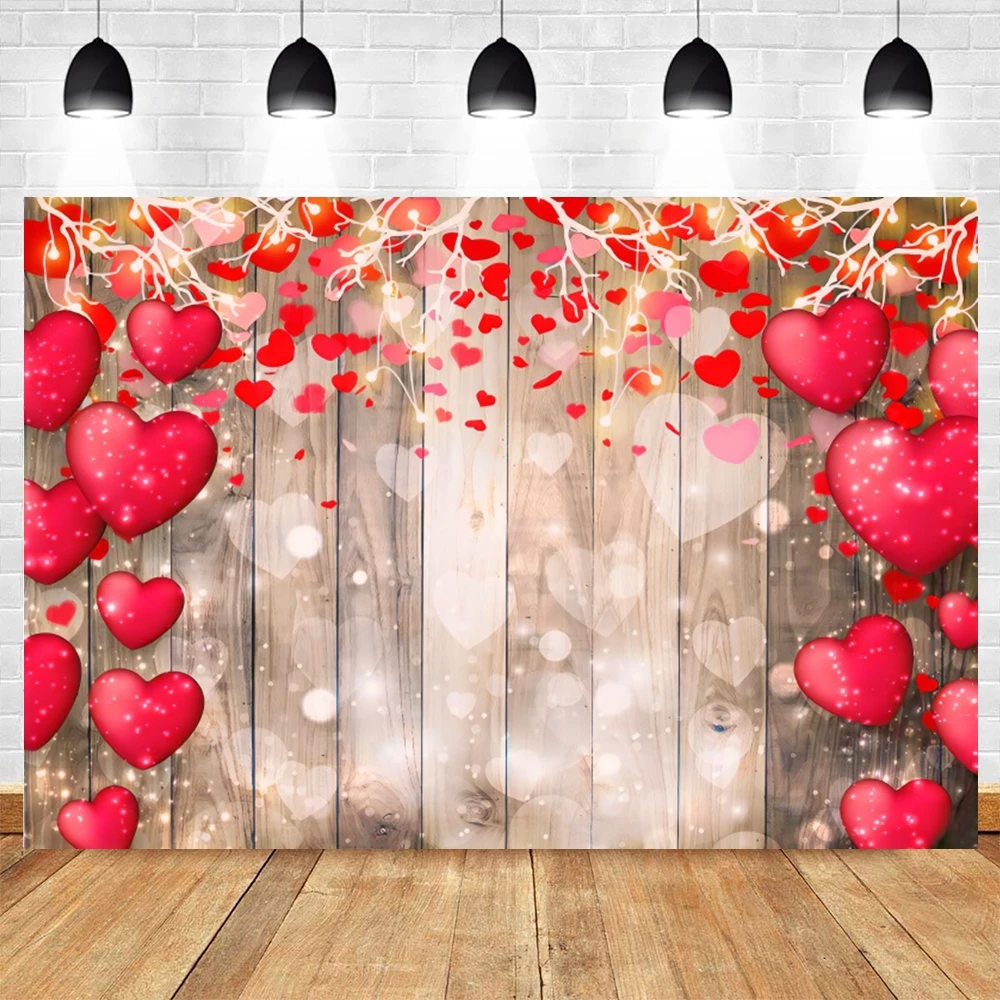 Valentine\'s Day Backdrop for Photography February 14 Red Love Heart Balloon Wooden Board Flowers Wedding Party Photo Background