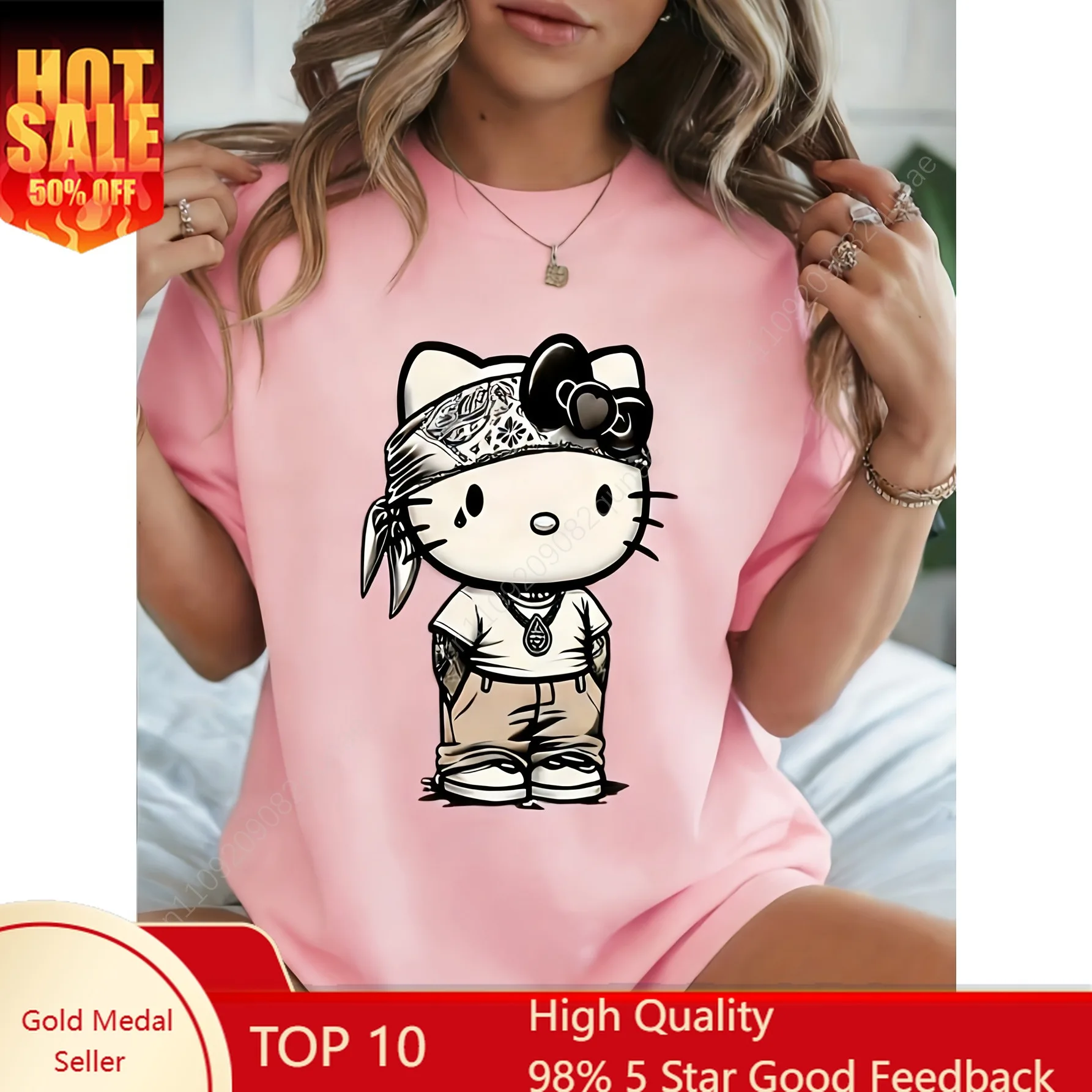 

Sanrio Hip-Hop Style Hello Kitty Cool Print Casual Soft for Girls and Woman Tee Mother-Daughter Matching Outfits Short-sleeved
