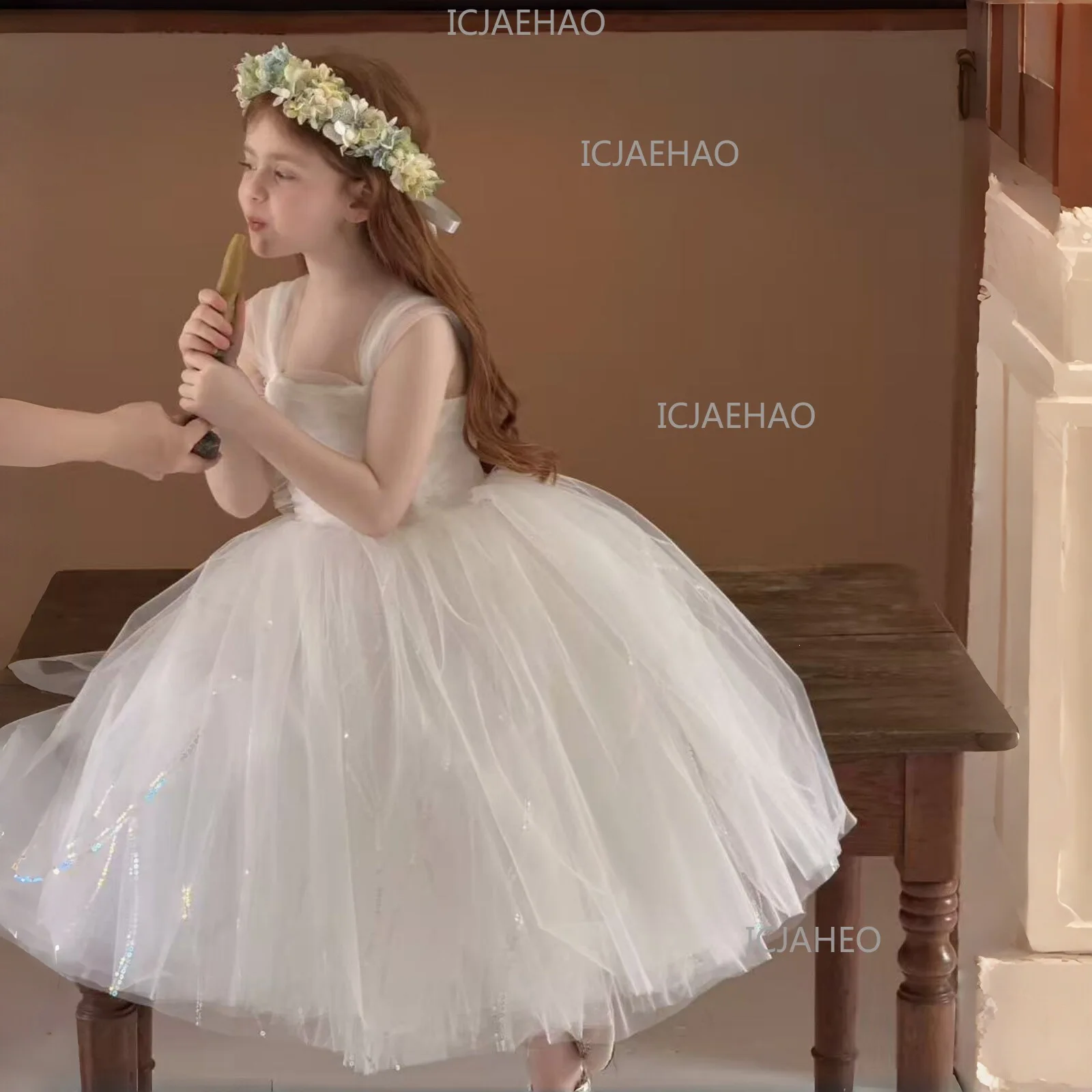 White Puffy Princess Dress For Girls, Kids Birthday Banquet Performance Gown, Flower Girl Dress, 2026 New Style Children Costume