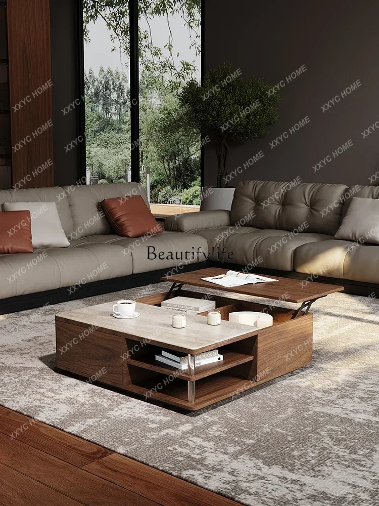 TT Black walnut Nordic modern simple liftable all solid wood storage coffee table square rock slab