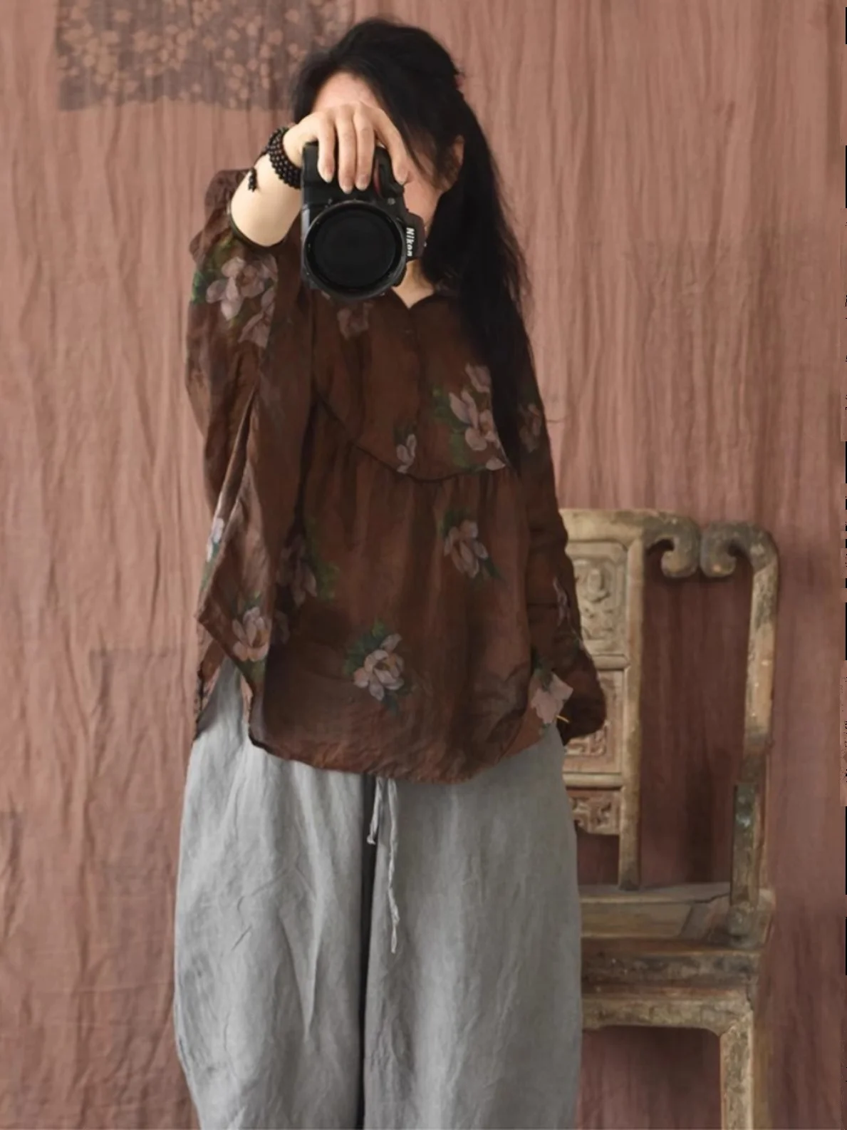 

Ретро-топ из льна с принтом, большие размеры, свободный крой, скрывающий живот, женская свободная блузка из смесового хлопка и льна, весна-лето, новинка