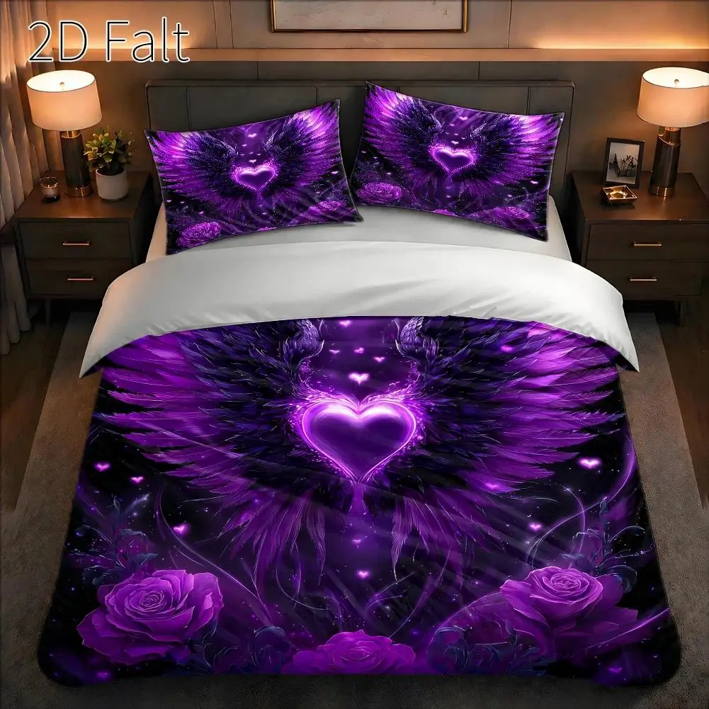 3-Piece Quilt Cover Set, 1 Quilt Cover + 2 Pillowcases (Without Filling) 2D Flat Printing, Three-Piece Quilt Cover Set, Purple Winged Heart Theme, Surreal Style, Valentine's Day, Suitable for All Seasons, Machine Washable, Invisible Zipper, Large Quilt Cover Set, Bedding Set, Skin-Friendly, Breathable, Soft and Comfortable, Does Not Fade or Pill, Suitable for Home/Dormitory/Master Bedroom/Guest Room