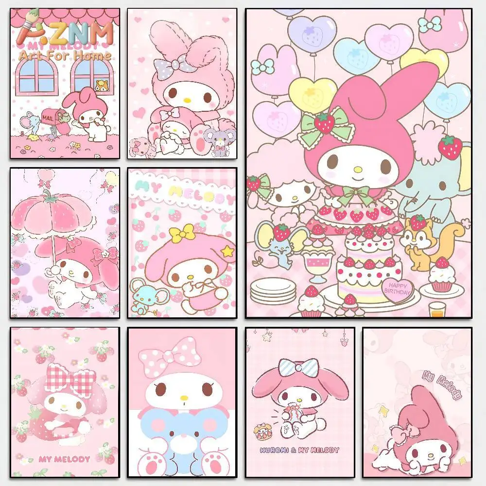 `Kawaii Pink Rabbit Canvas Wall Art, Sweet Strawberry Cake Cartoon Poster Print, No Frame Canvas Painting, Wall Picture for Bedr