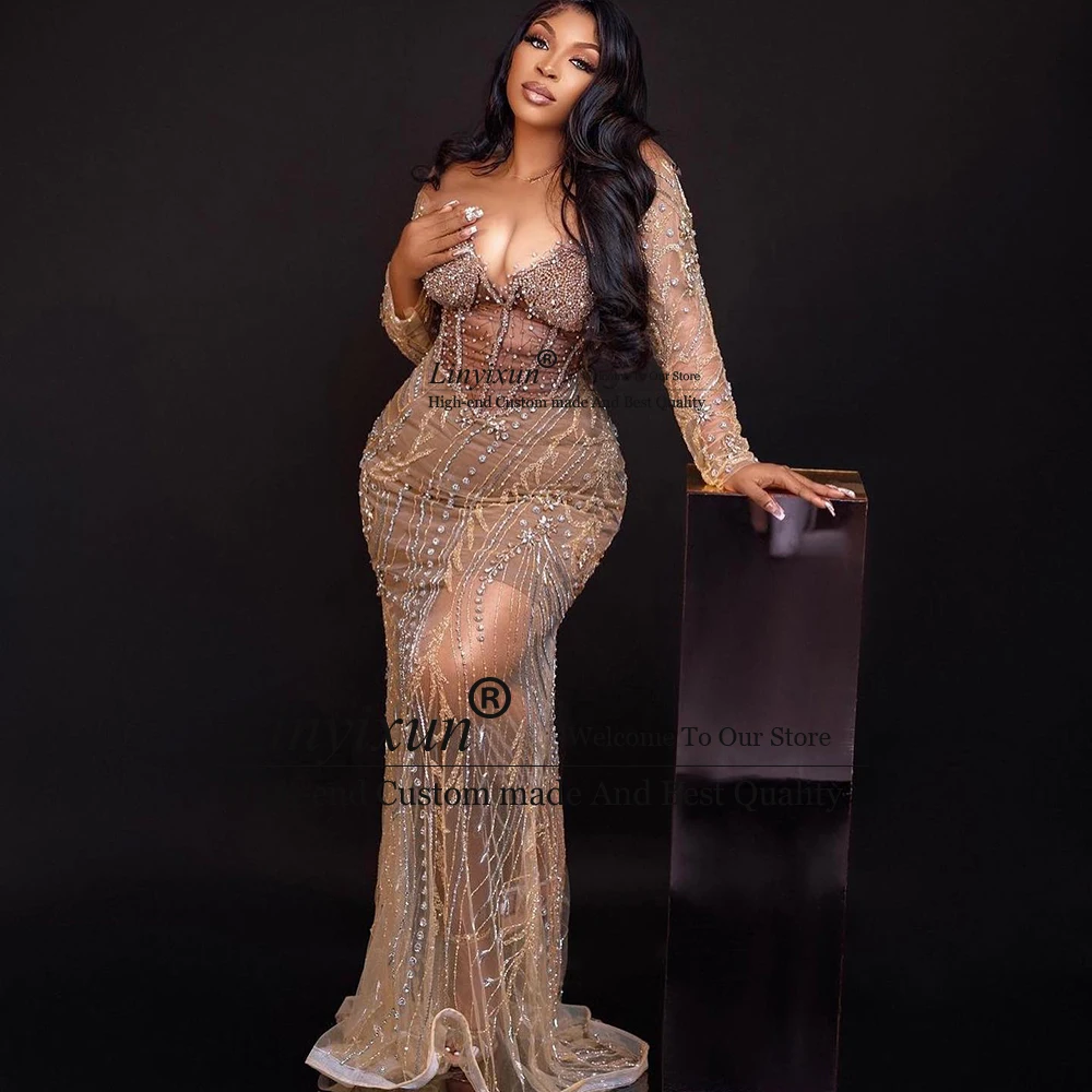 Bodycon Crystal Prom Jurken Zwart Meisje Lange Mouwen Zeemeermin Avondjurk 2026 Aangepaste See Through vestidos para noite