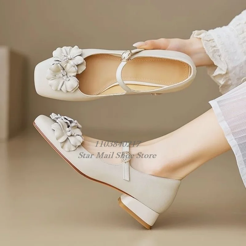 Square Toe Low Heeled Pumps with Floral Decoration Adjustable Ankle Strap Buckle Flats Solid Color Elegant Ballet Shoes