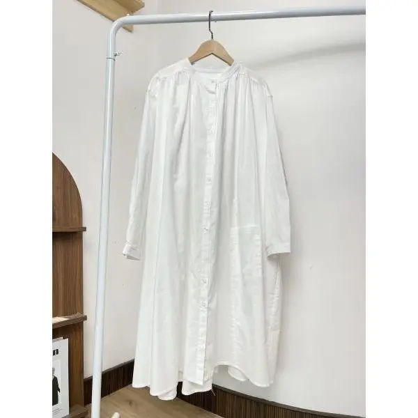 

Cotton Linen Long Blouse Dress 2023 Women Casual Long Sleeve Stand Collar Button Up Shirts Female Long Loose Oversize Tops