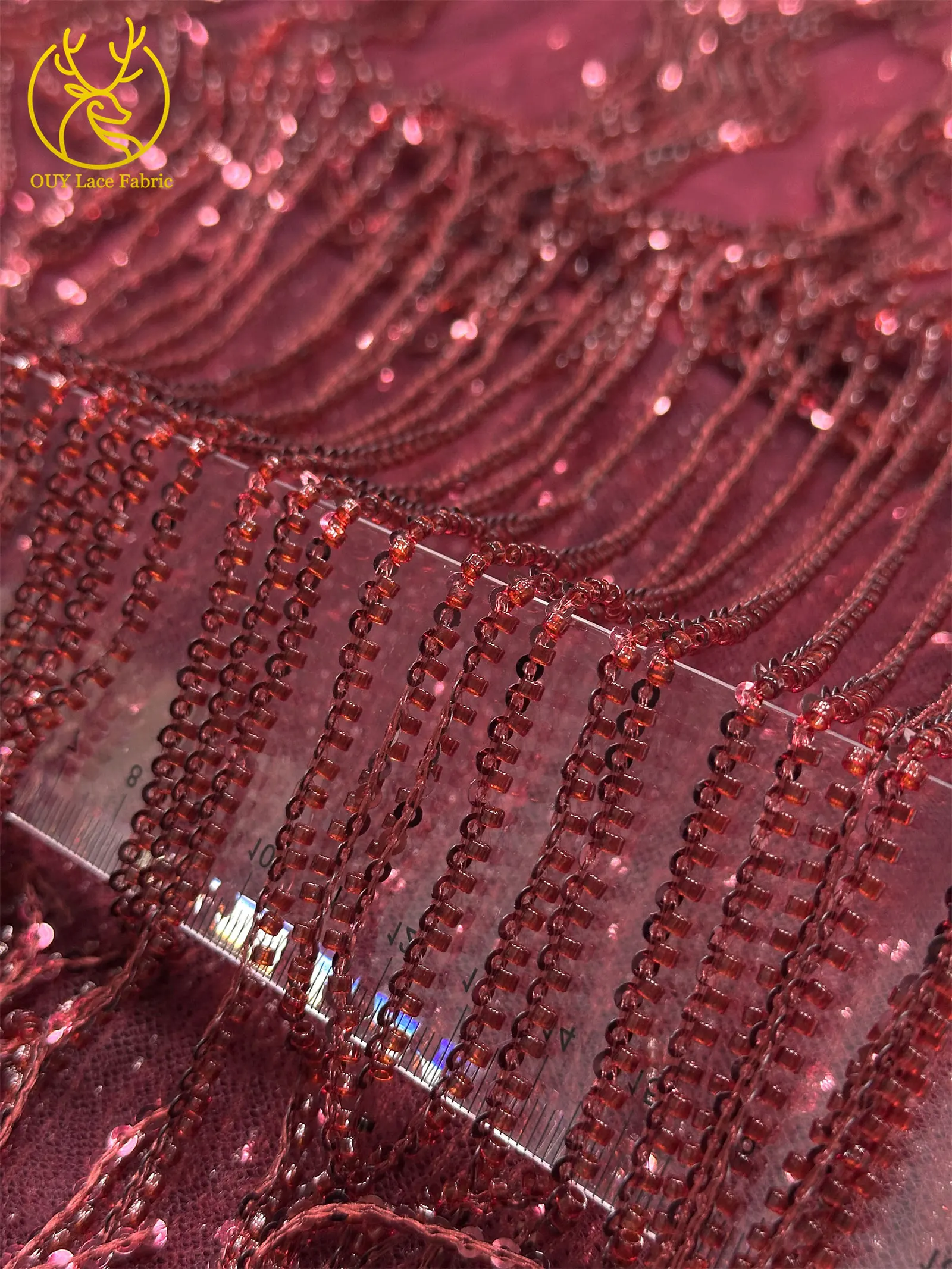 Weinroter nigerianischer 3D-Quasten-Perlen-Spitzenstoff, französischer Pailletten-Tüll-Spitzenstoff, afrikanischer Spitzenstoff für Damen, Hochzeitskleid, Nähen – Detail 5