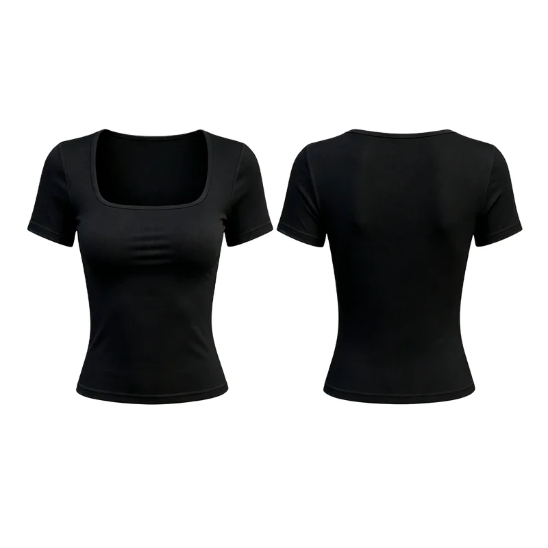 Damen-T-Shirt mit kurzen Ärmeln, schmal geschnitten, schlichtes Basic-Modell, quadratischer Kragen, Unterhemd, weiches, dehnbares Strickmaterial, ideal als Basisschicht, für den täglichen, lässigen Gebrauch. – Detail 8