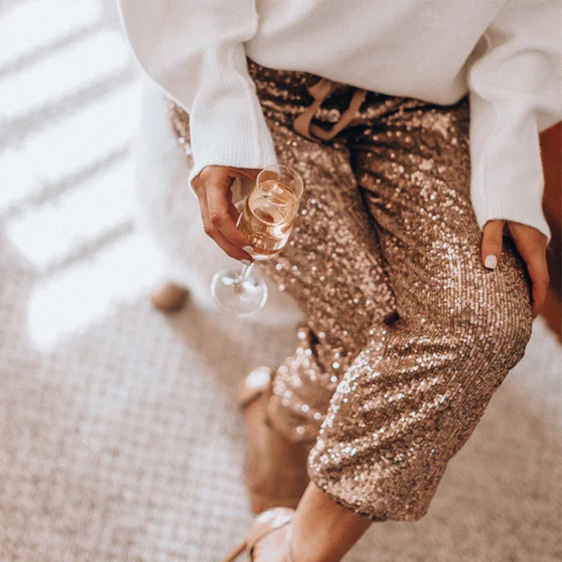 

Sexy Gold Sequin Shiny Wide Beam Leg Pants Women Spring Casual Elegant Party Harem Pants High Waist Lace Up Trousers Streetwear