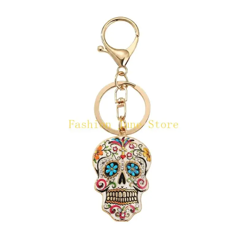 N5KA Halloween Skull Keychain Charm, Floral Skull Bag Charm with Alloy Hardware, Lobster Clasp and Round Ring for Keys