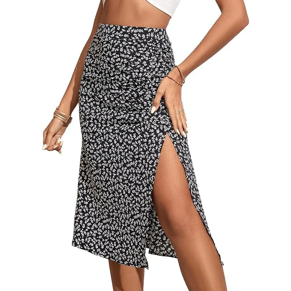 Summer Beach Women A-line Floral Skirt Trendy Thin Mid-waist Garment Midi Skirt