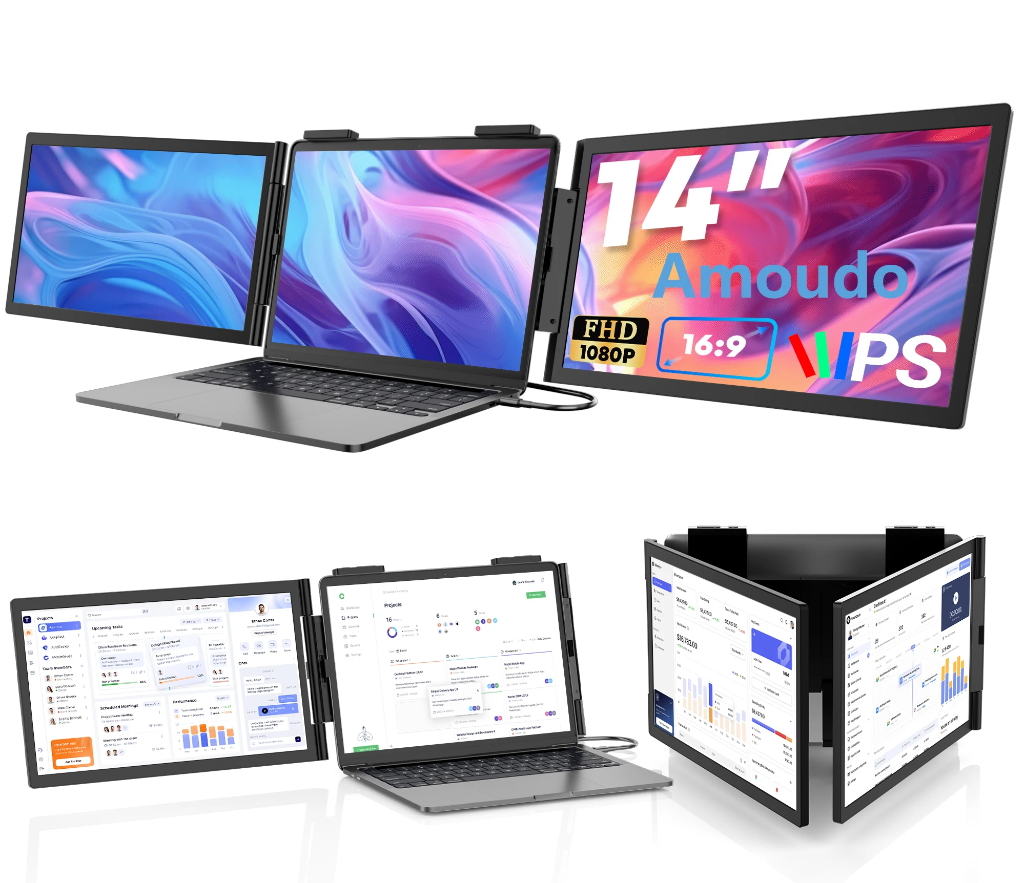 Moniteur portable double Amoudo 14 pouces 1920*1080P IPS, triple moniteur portable avec port USB-C pour ordinateur portable 14 pouces Windows/Mac Xbox