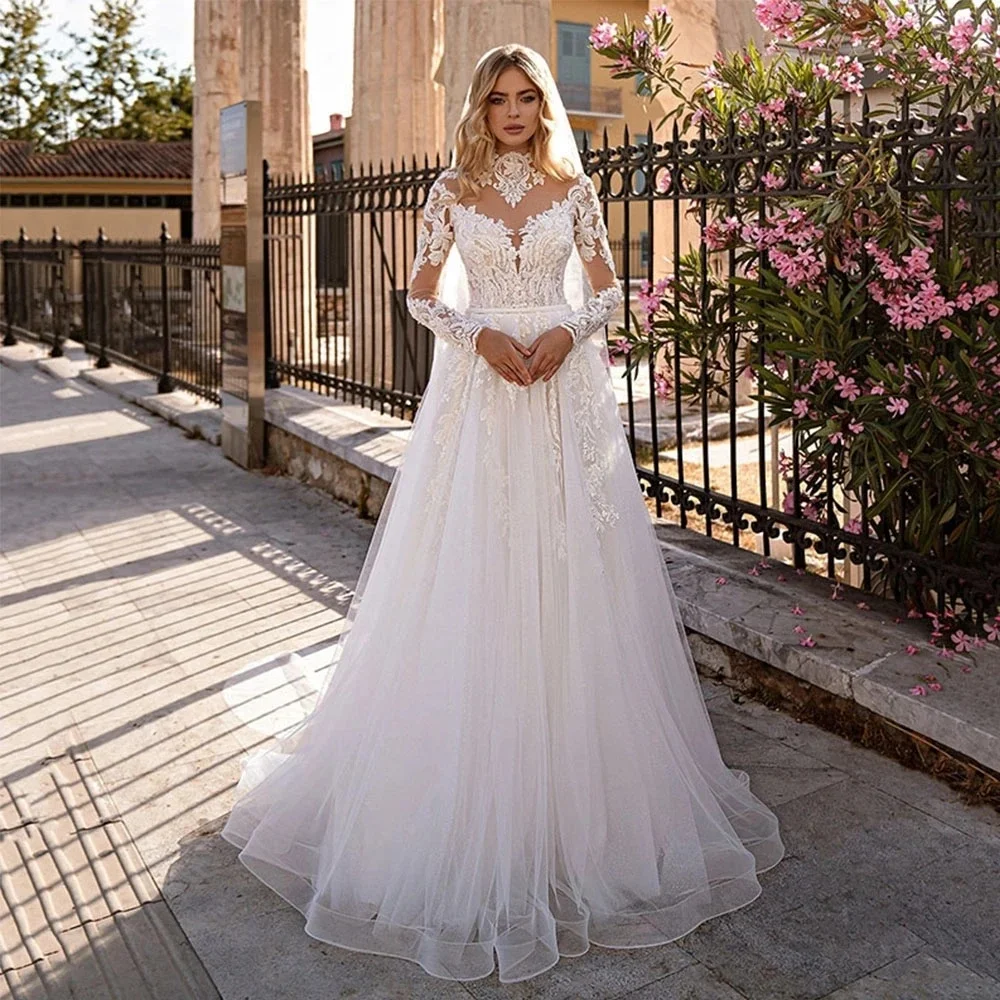 Exquisite Classic A-Line Lace Tulle Wedding Dress Applique High Neck Full Sleeves Bridal Gown Illusion Custom Vestidos De Novia