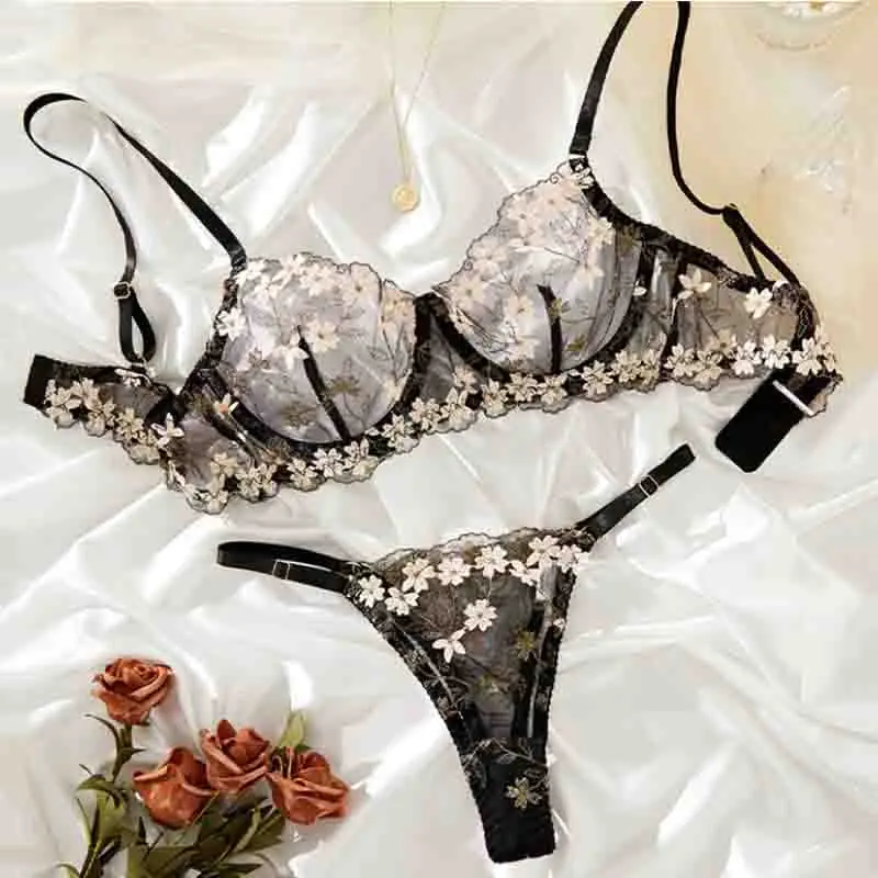 

Sexy Lingerie Set Embroidery Flowers Romantic Lace Seamless Underwear Black Bra Brief Set Ultra Thin See Through Exotic Sets