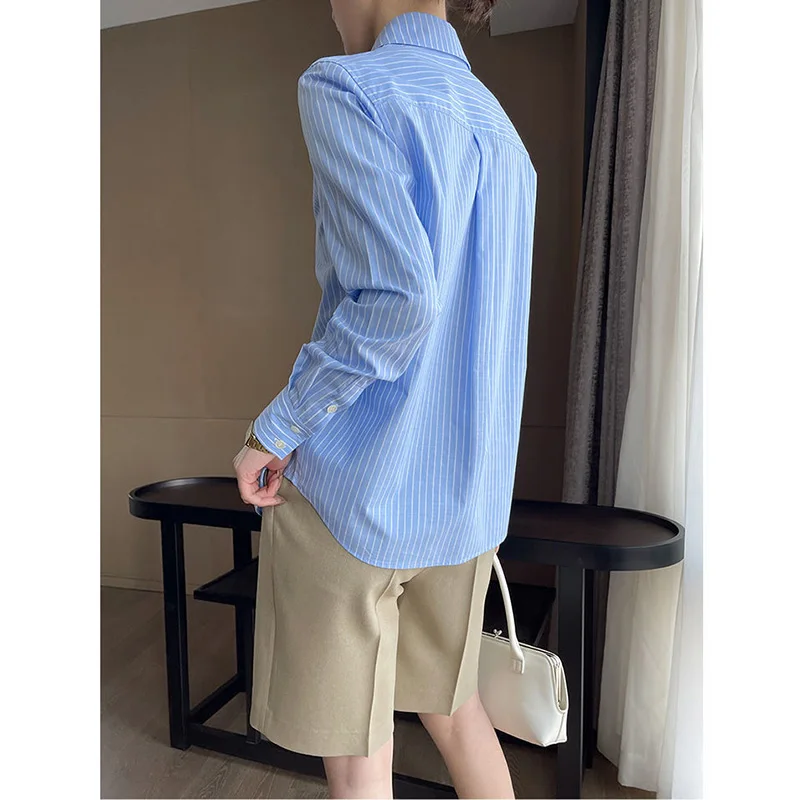 Blue Striped Printed Shirt for Women Spring Autumn 2023 New Office Lady Turn-down Collar Button Long Sleeve Loose Blouse