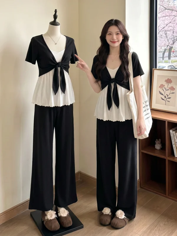 

Summer Fashion plus Size Women's Outfit 2026 Trendy Doll Shirt And Wide Leg Pants Two Piece Set Casual Commute Style