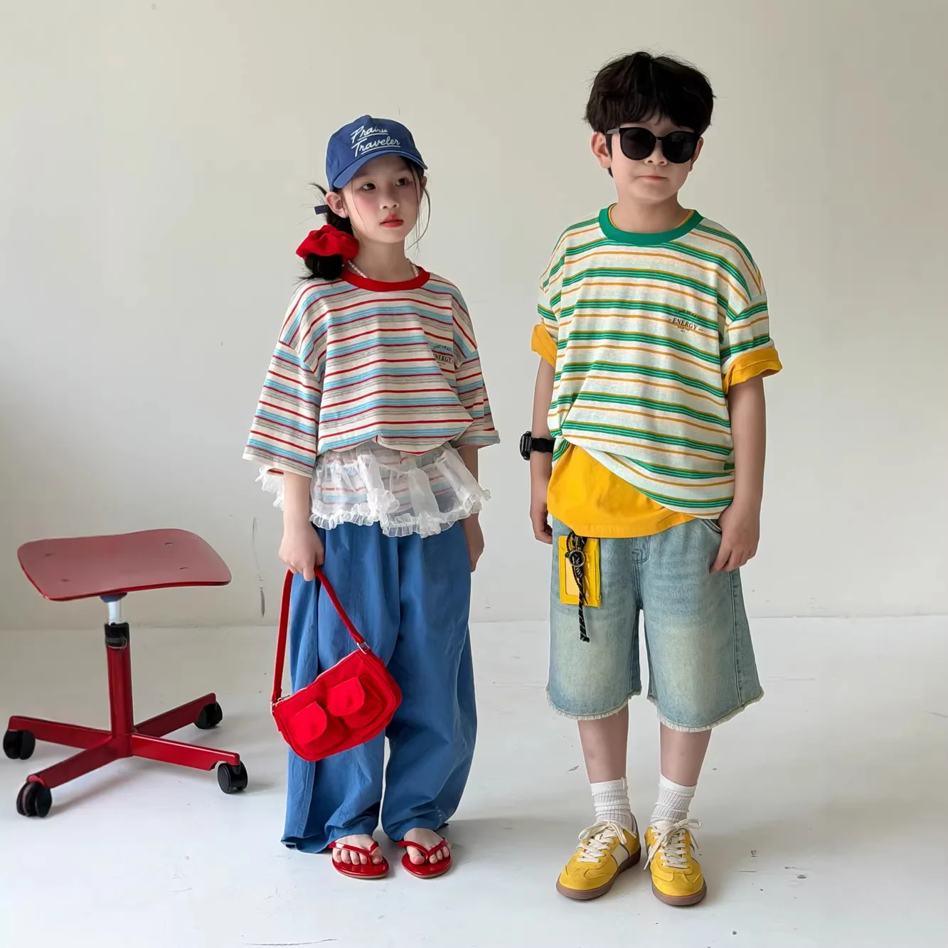 

2026 Summer Kids Color Block Striped Letter Print T-Shirt Unisex Boys Girls Crew Neck Short Sleeve Casual Loose Cotton Tee Tops