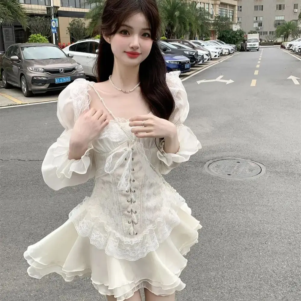 

Korea Sweet Gentle Puff Sleeve Dress Women Spring Summer New Super Fairy High Waist Slim And Puffy Short Skirt