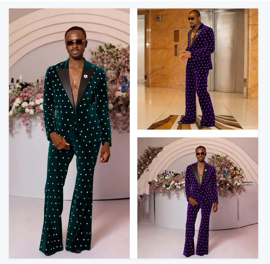 

Velvet Autumn Men Suits 2 Piece Blazer+Pants Pearls Beaded Wedding Tuxedo Coat Customized Formal Office Business Jacket Trousers