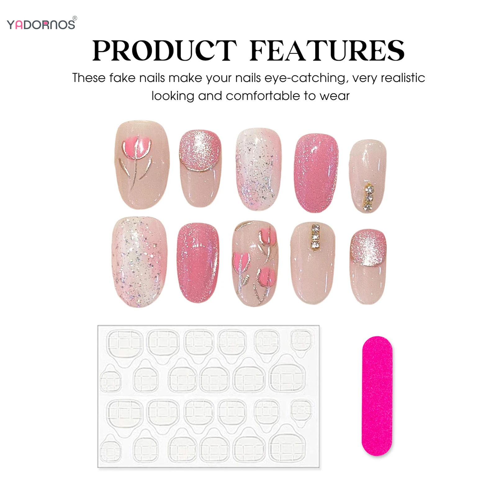 أطراف أظافر مزيفة مصنوعة يدويًا للنساء ، تصميمات زهرة التوليب الوردية ، رأس دائري ، اضغط على الأظافر ، أظافر لامعة ، مانيكير يمكن ارتداؤه ، 10 *