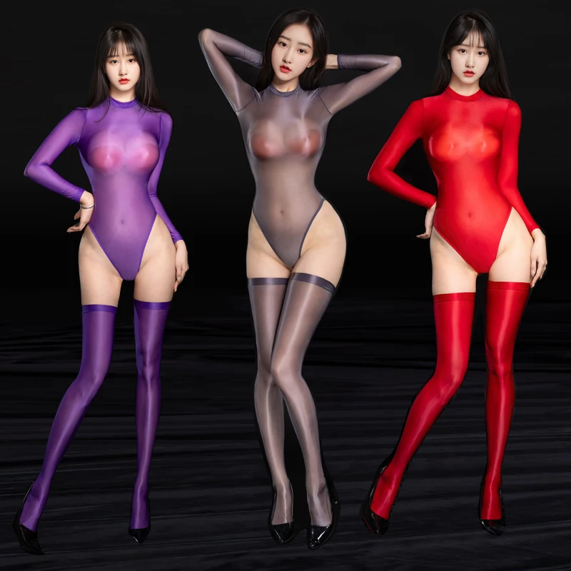 Japanese Shiny Sexy High fork See Through Swimsuit Bodycon Suit   One Piece Swimsuit Women Tights Leotards +Long socks